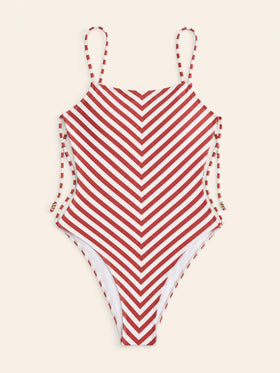 Red and White Striped Synthetic One-Piece Swimsuit with Square Neck-One-Piece Swimsuit-Bellascena-bellascena
