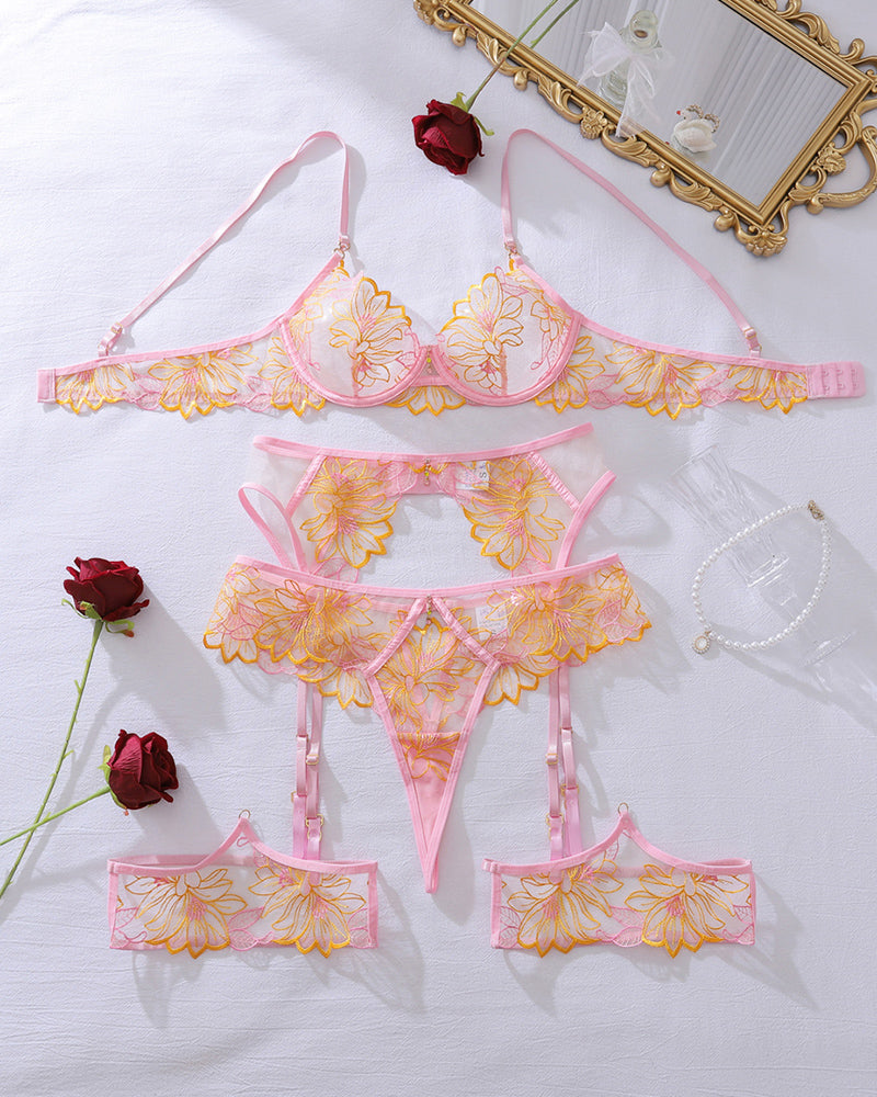 Romantic Floral Embroidered Mesh Lingerie Set with Garters-Lingerie Set-Bellascena-bellascena