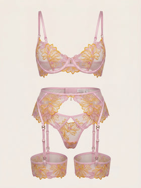 Romantic Floral Embroidered Mesh Lingerie Set with Garters-Lingerie Set-Bellascena-bellascena