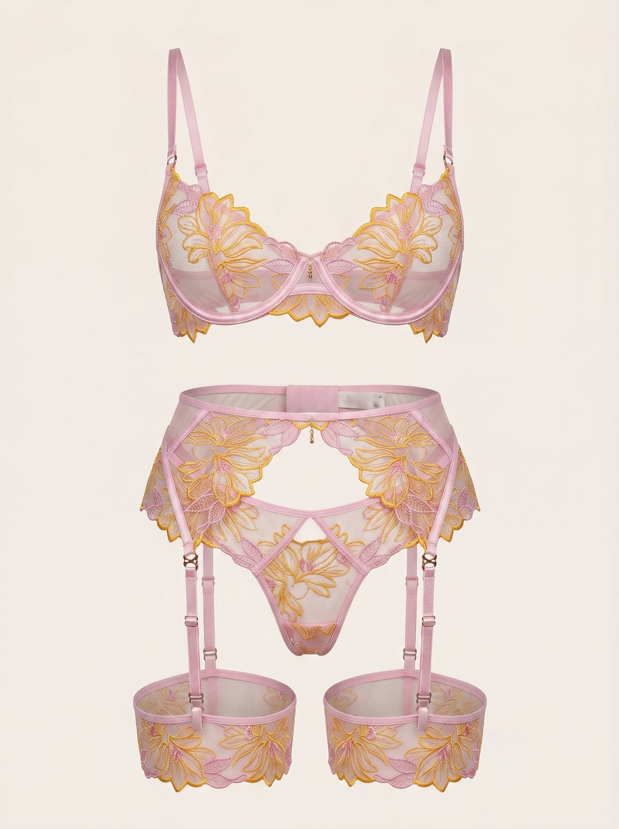 Romantic Floral Embroidered Mesh Lingerie Set with Garters-Lingerie Set-Bellascena-bellascena
