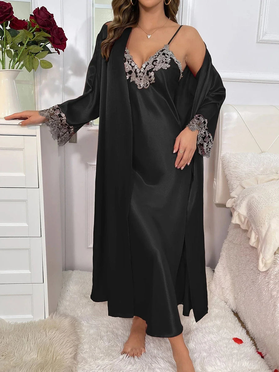 Romantic Red Satin Kimono Robe with Floral Lace Trim-Kimono Robe-Bellascena-Black-S-bellascena