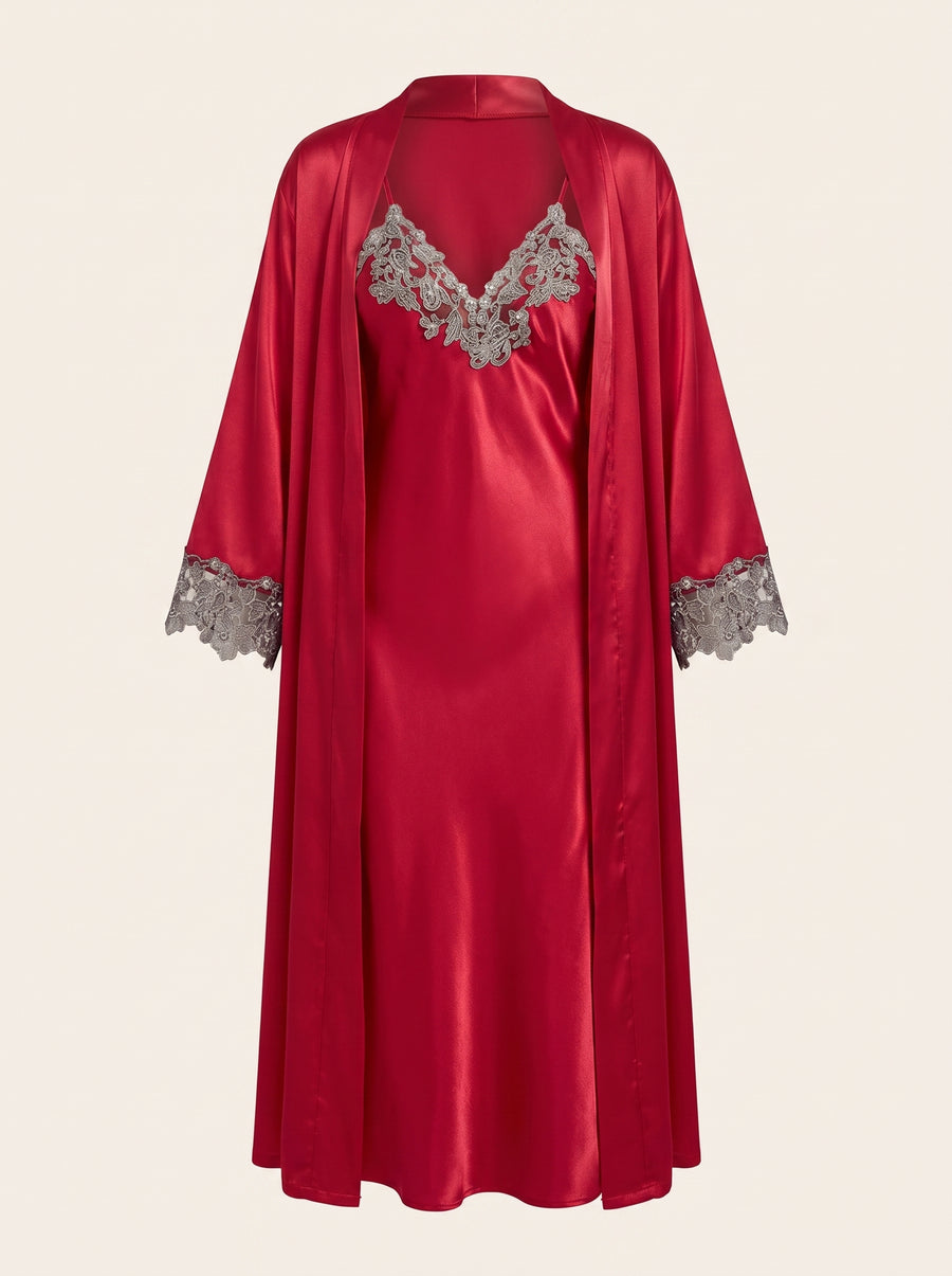 Romantic Red Satin Kimono Robe with Floral Lace Trim-Kimono Robe-Bellascena-Red-S-bellascena