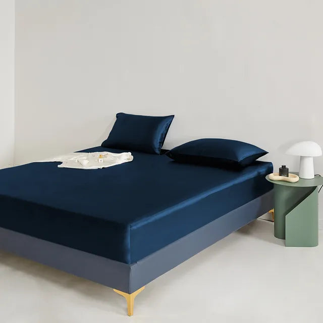 Rose Pink Satin Fitted Sheet with Smooth Finish-Bed Sheet-Bellascena-Blue-90x200cm-bellascena