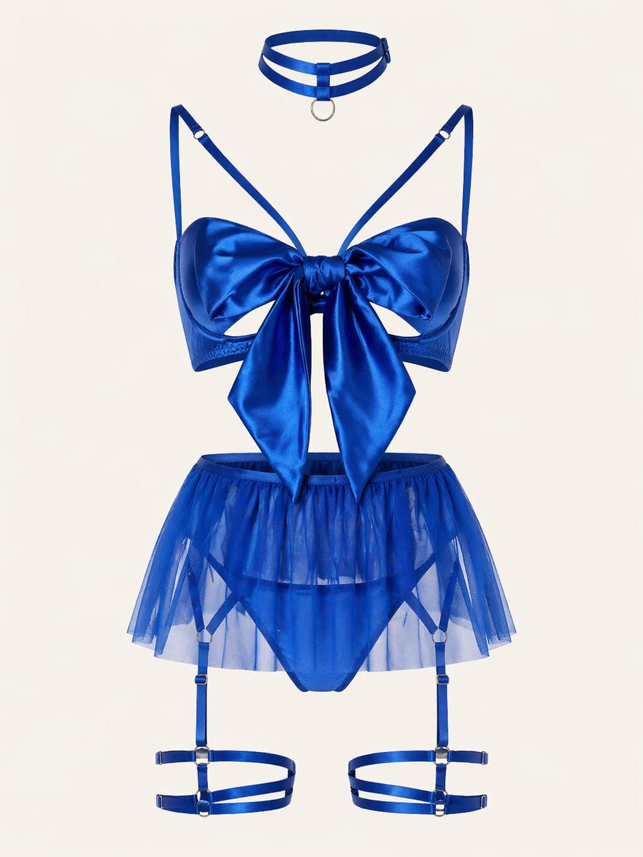 Royal Blue Satin Lingerie Set with Choker, Strappy Sheer Allure-Lingerie Set-Bellascena-Blue-S-bellascena