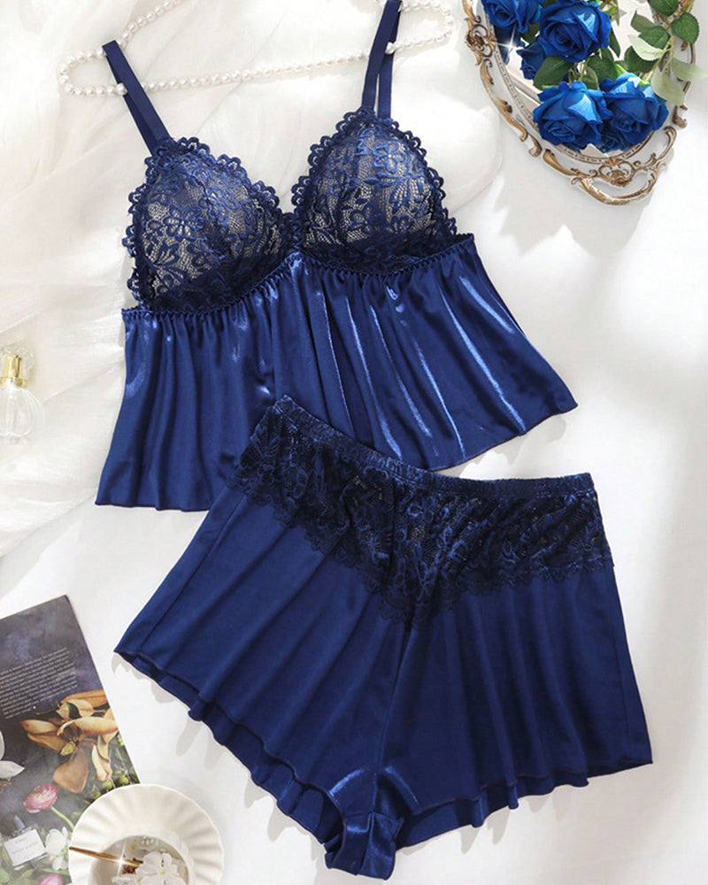 Royal Blue Satin Pajama Set with Lace Detail-Pajama Set-Bellascena-bellascena