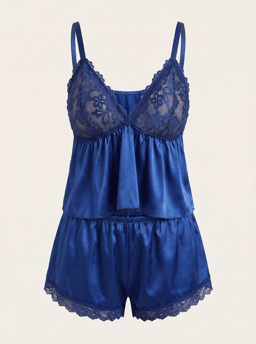 Royal Blue Satin Pajama Set with Lace Detail-Pajama Set-Bellascena-Blue-XL-bellascena