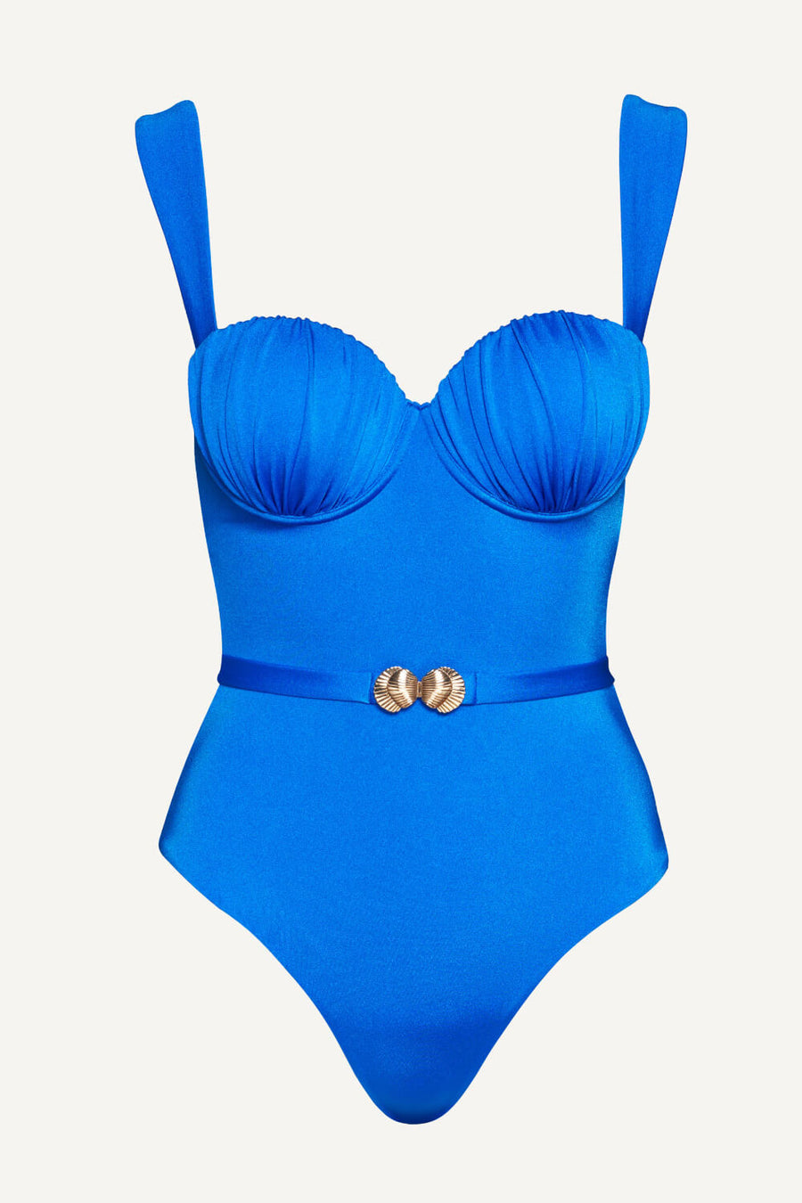 Ruched Deep Blue Satin One-Piece Swimsuit with Belted Accents-One-Piece Swimsuit-Bellascena-bellascena