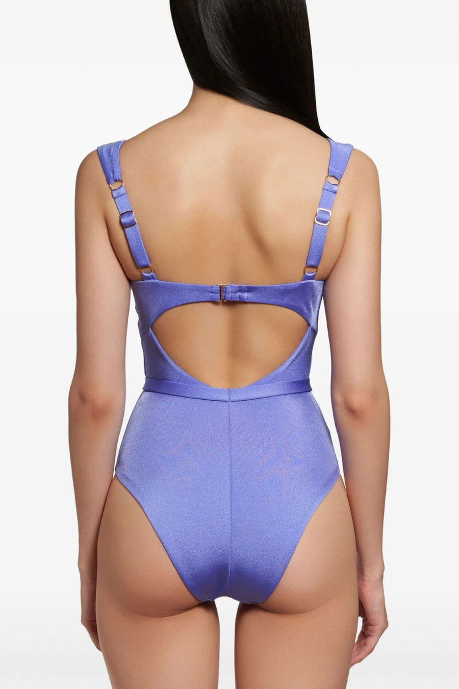 Ruched Deep Blue Satin One-Piece Swimsuit with Belted Accents-One-Piece Swimsuit-Bellascena-bellascena