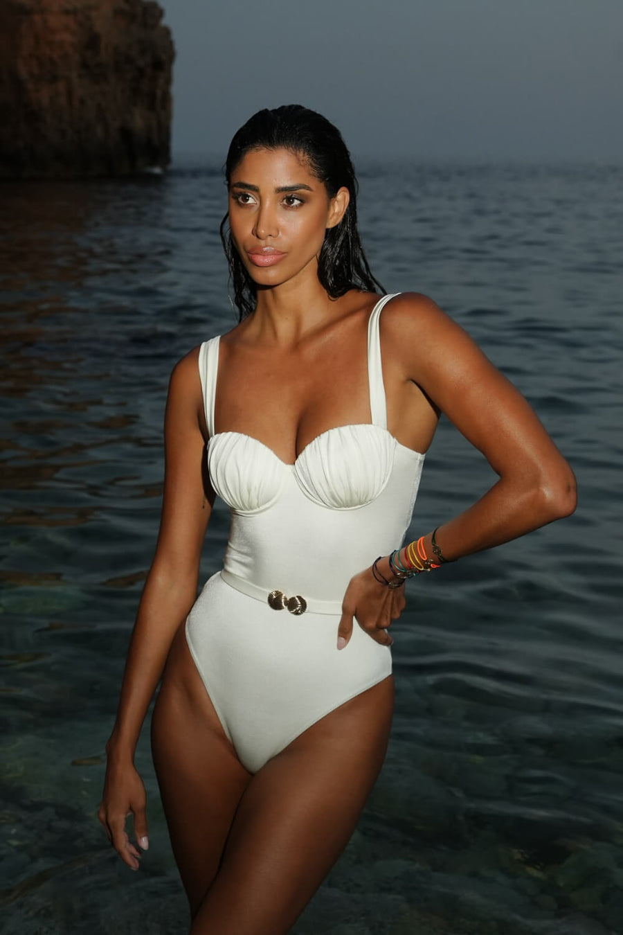 Ruched Deep Blue Satin One-Piece Swimsuit with Belted Accents-One-Piece Swimsuit-Bellascena-bellascena