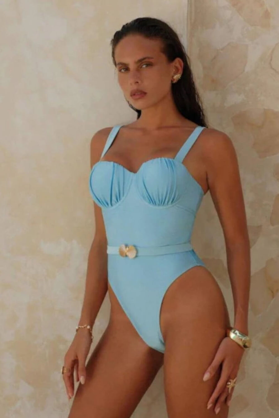Ruched Deep Blue Satin One-Piece Swimsuit with Belted Accents-One-Piece Swimsuit-Bellascena-bellascena