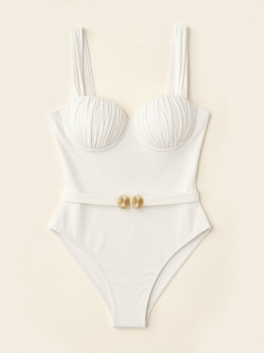 Ruched Deep Blue Satin One-Piece Swimsuit with Belted Accents-One-Piece Swimsuit-Bellascena-bellascena