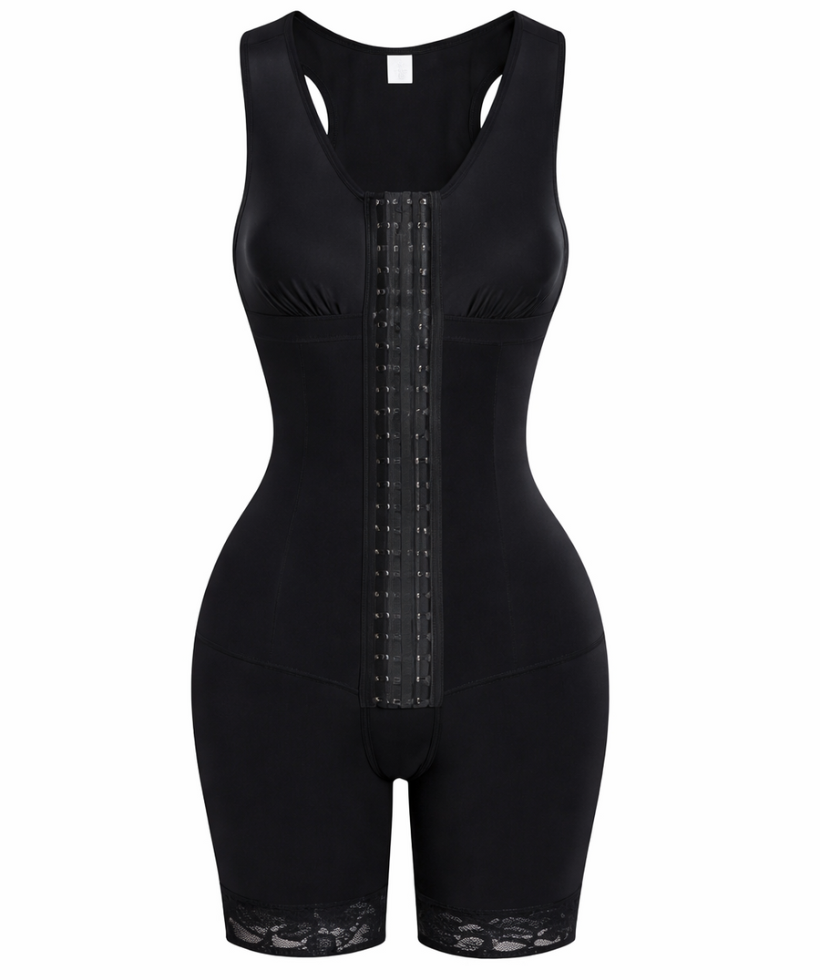 Seamless Black Nylon Shapewear Bodysuit with Lace Trim-Shapewear-Bellascena-bellascena