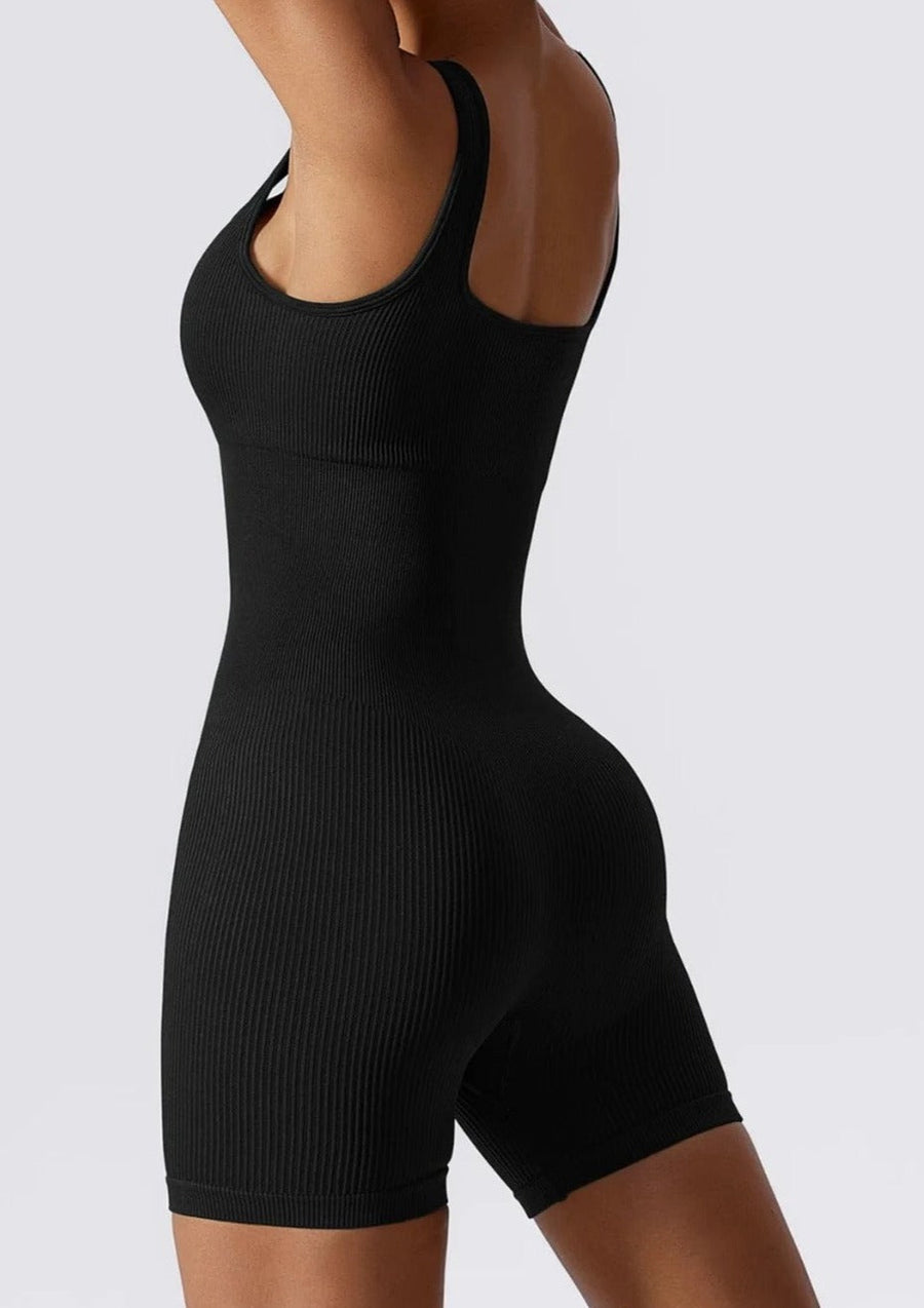 Seamless Black Ribbed Bodysuit with Sculpting Fit-Bodysuit-Bellascena-bellascena
