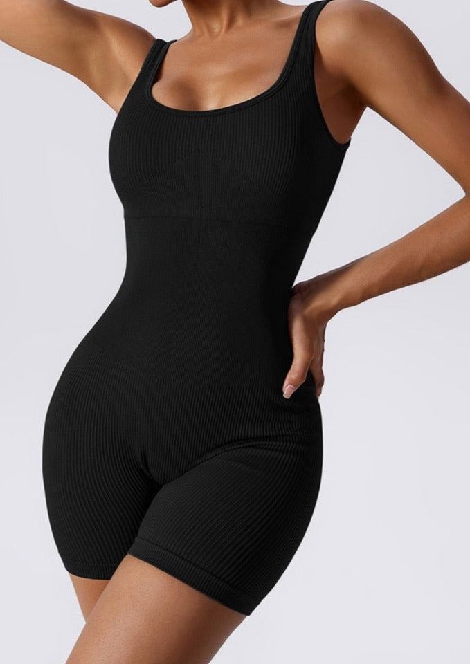 Seamless Black Ribbed Bodysuit with Sculpting Fit-Bodysuit-Bellascena-bellascena