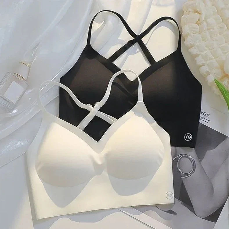 Seamless Wireless Cream Matte Bra with Strappy Detail-Bra-Bellascena-bellascena