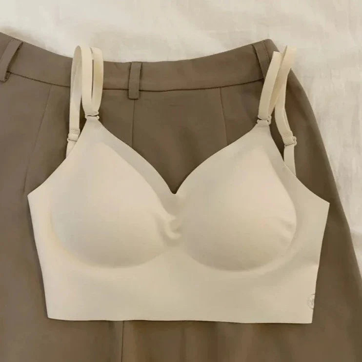 Seamless Wireless Cream Matte Bra with Strappy Detail-Bra-Bellascena-Beige-S-bellascena