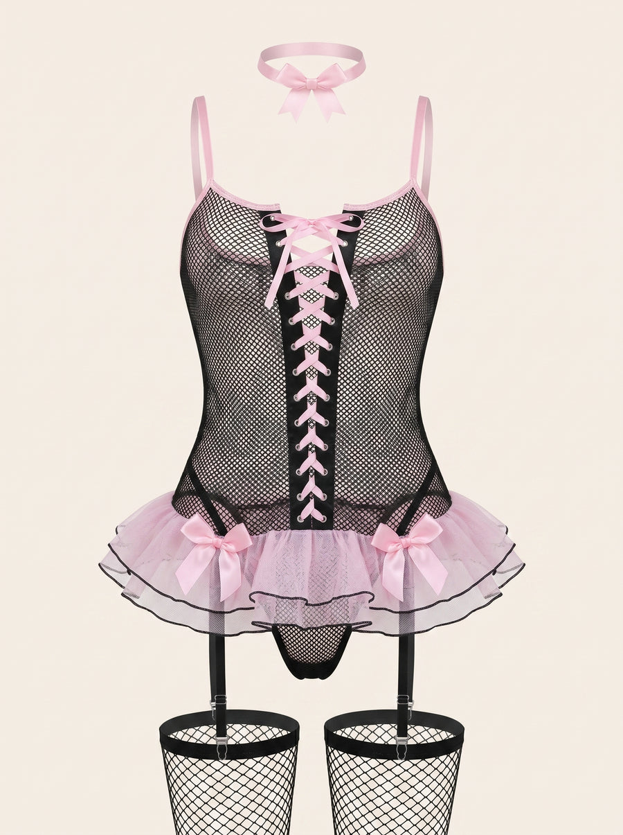 Set with Stockings Black Mesh Lingerie Set with Pink Accents-Corset-Bellascena-Black Pink-S-bellascena