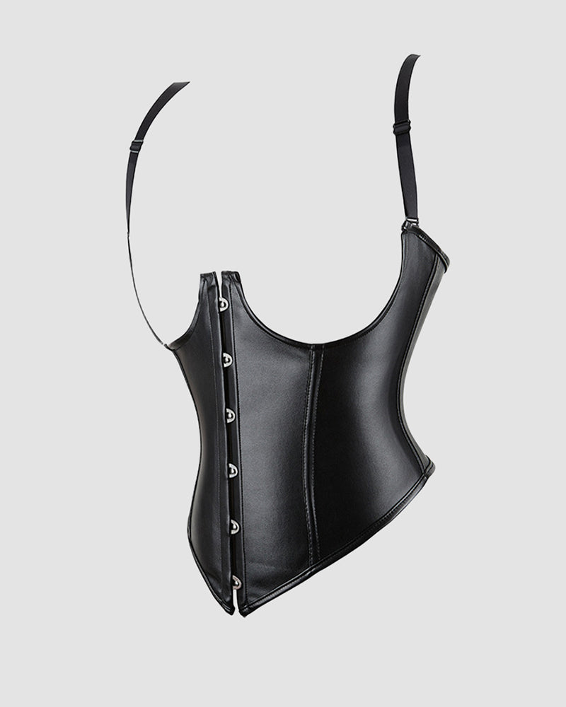 Set with Suspenders Black Leather Corset with Lace-Up Back-Corset-Bellascena-bellascena