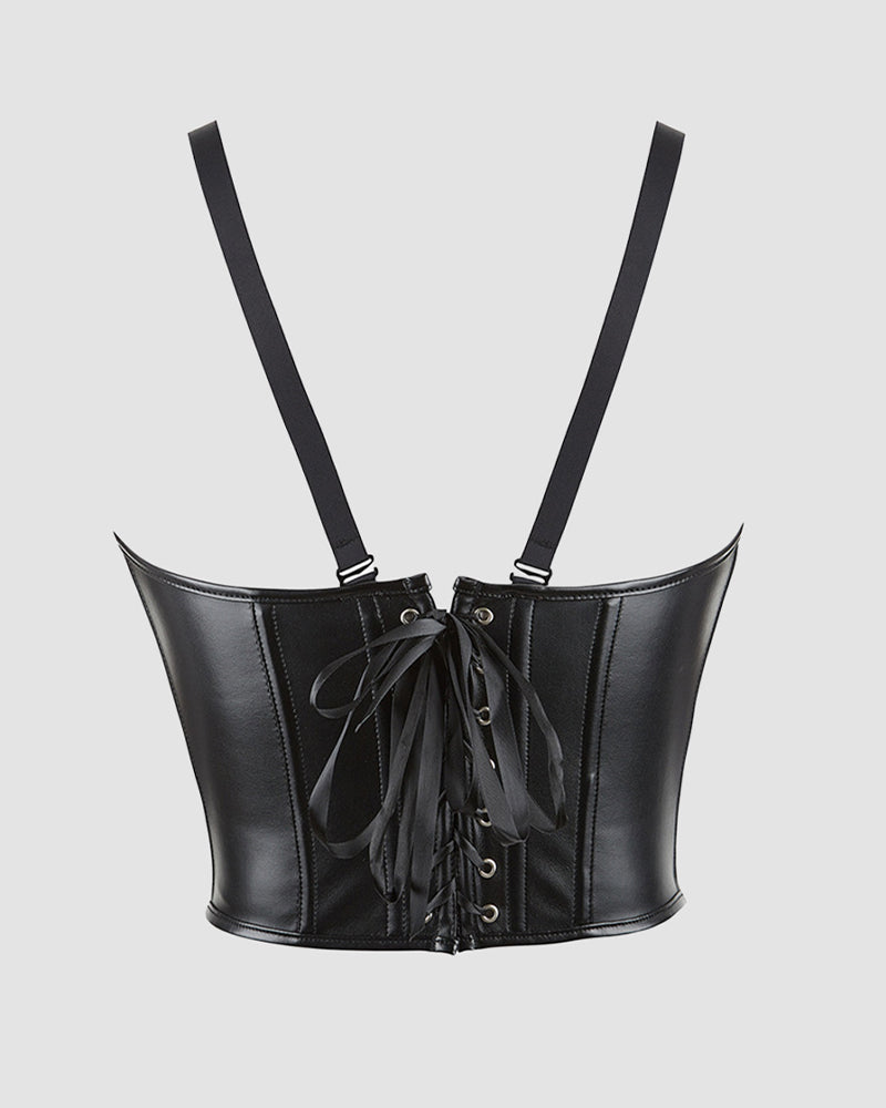 Set with Suspenders Black Leather Corset with Lace-Up Back-Corset-Bellascena-bellascena