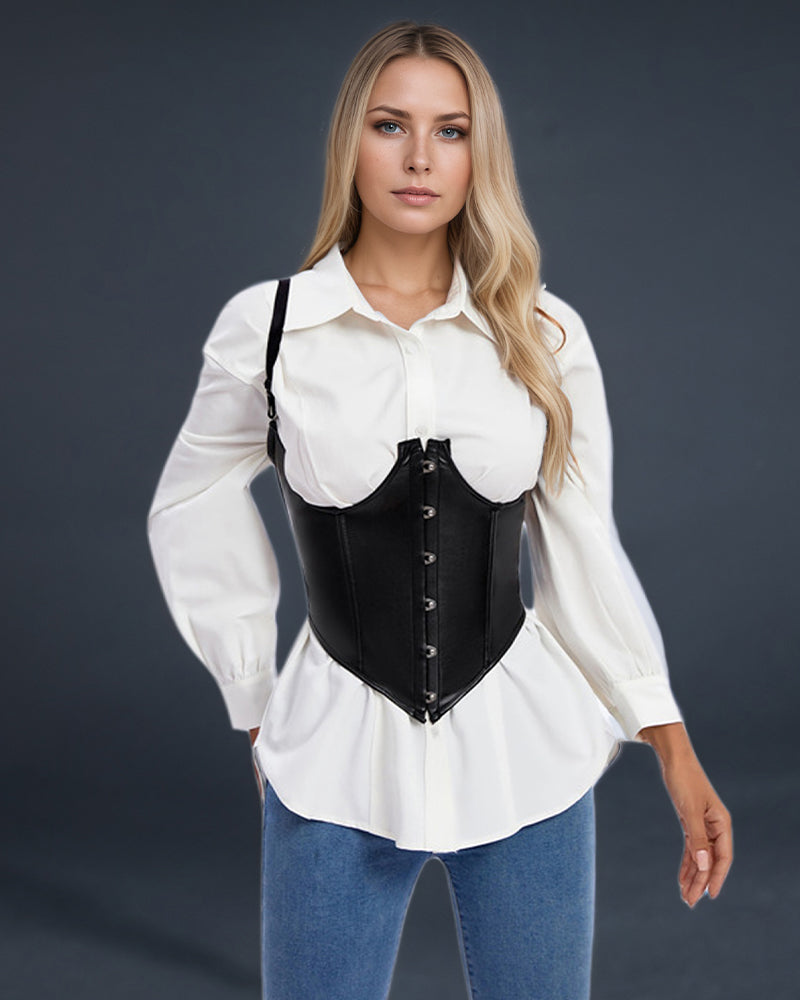 Set with Suspenders Black Leather Corset with Lace-Up Back-Corset-Bellascena-bellascena