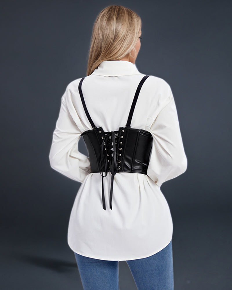 Set with Suspenders Black Leather Corset with Lace-Up Back-Corset-Bellascena-bellascena
