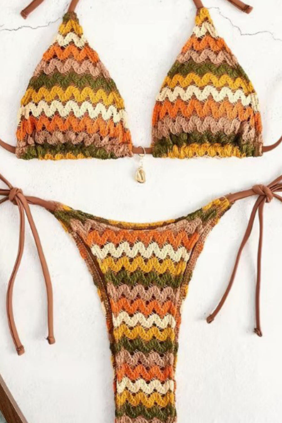 Set with Tie Multicolor Zigzag Crochet Bikini Set with Halter and Silver Rings-Bikini Set-Bellascena-bellascena