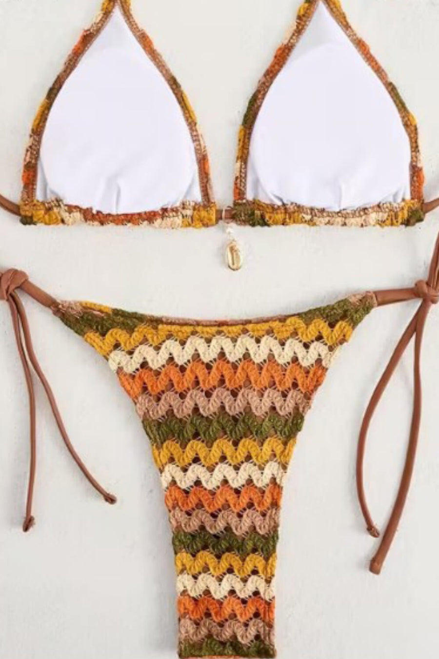 Set with Tie Multicolor Zigzag Crochet Bikini Set with Halter and Silver Rings-Bikini Set-Bellascena-bellascena