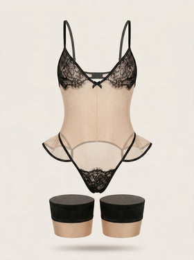 Sheer Beige Lace Bodysuit with Ruffle & Open Back-Bodysuit-Bellascena-bellascena