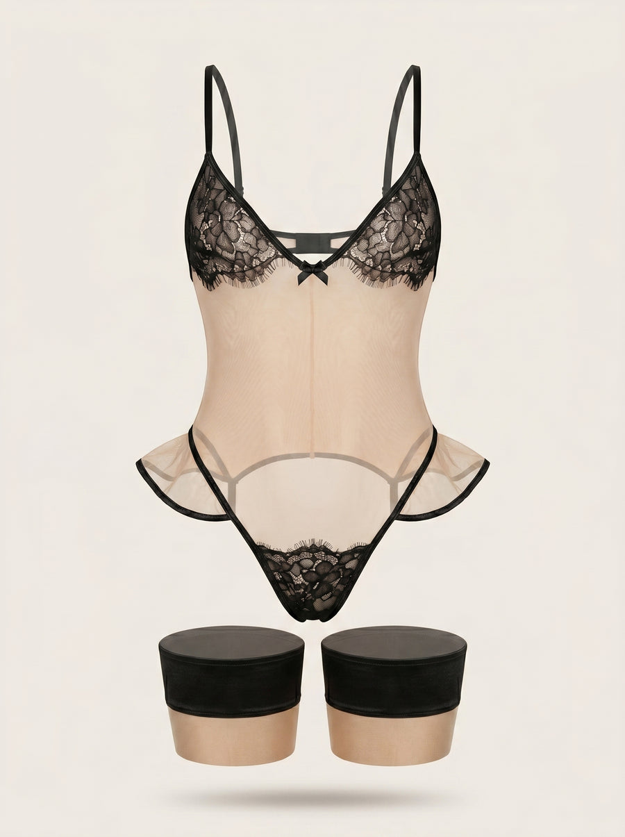 Sheer Beige Lace Bodysuit with Ruffle & Open Back-Bodysuit-Bellascena-bellascena