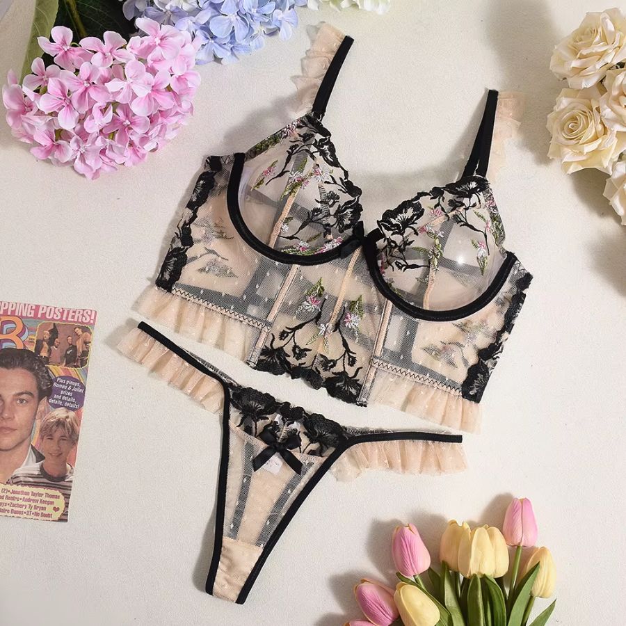 Sheer Black Floral Mesh Bodysuit with Ruffle Detail-Bodysuit-Bellascena-bellascena