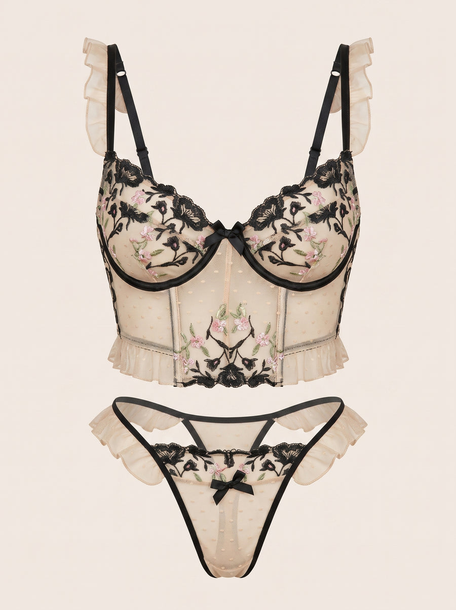 Sheer Black Floral Mesh Bodysuit with Ruffle Detail-Bodysuit-Bellascena-S-Black-bellascena