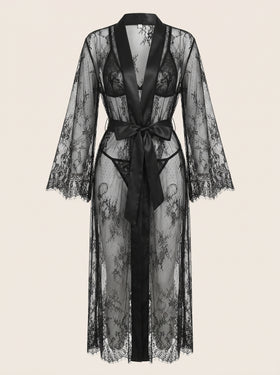 Sheer Black Lace Kimono Robe with Satin Tie-Nightgown-Bellascena-Black-S-bellascena