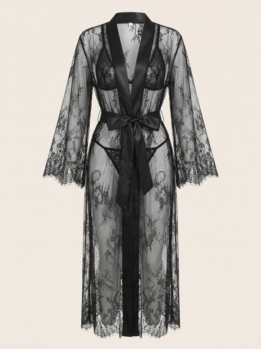 Sheer Black Lace Kimono Robe with Satin Tie-Nightgown-Bellascena-Black-S-bellascena