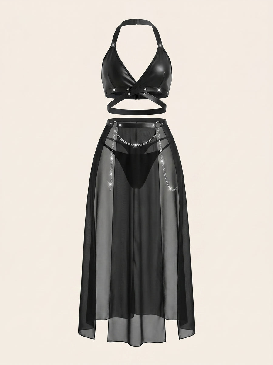 Sheer Black Mesh Backless Dress with Cross Straps-Lingerie Set-Bellascena-Black-S-bellascena