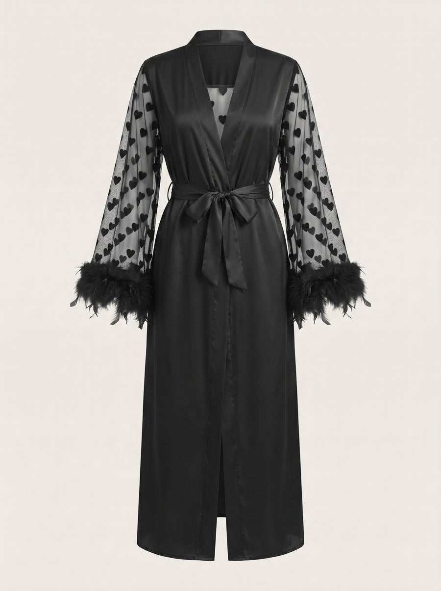 Sheer Heart Pattern Black Satin Nightgown with Feather Trim-Nightgown-Bellascena-Black-S-bellascena