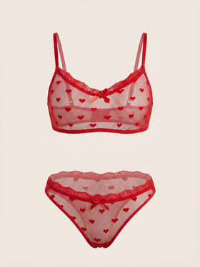 Sheer Red Heart Pattern Mesh Lingerie Set with Strappy Design-Lingerie Set-Bellascena-Red-XL-bellascena
