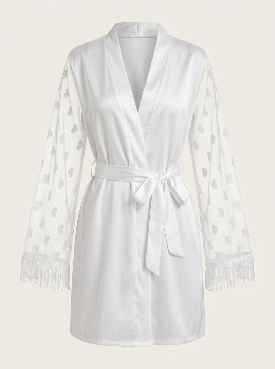Sheer White Satin Kimono Robe with Heart Pattern-Kimono Robe-Bellascena-White-S-bellascena