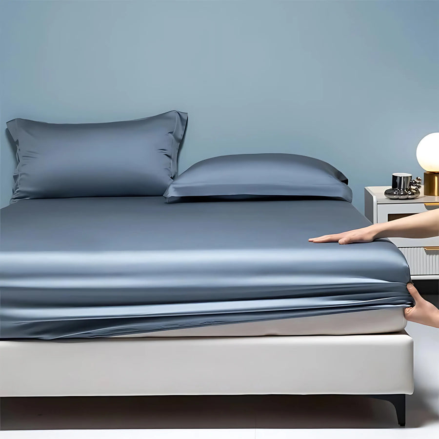 Slate Blue Satin Fitted Sheet with Glossy Sheen-Bed Sheet-Bellascena-bellascena