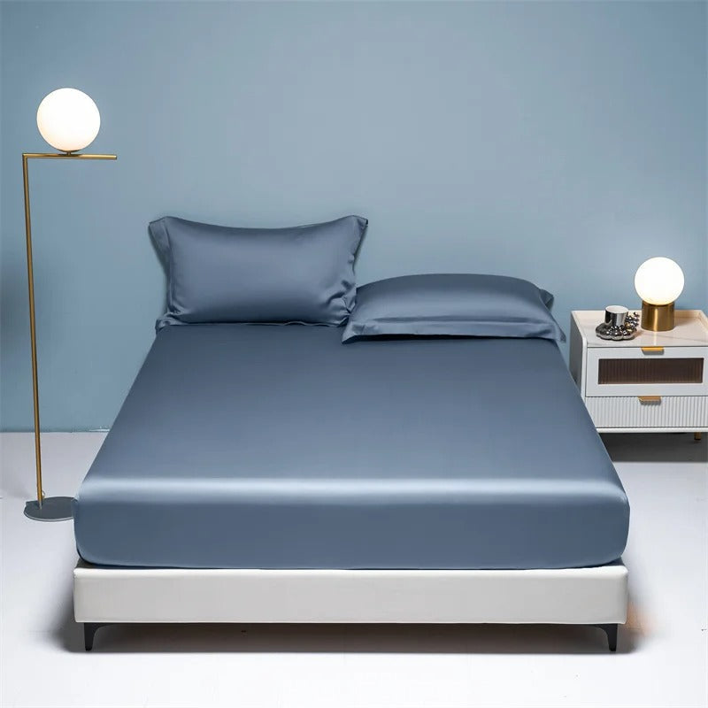 Slate Blue Satin Fitted Sheet with Glossy Sheen-Bed Sheet-Bellascena-5-90x190cm-bellascena
