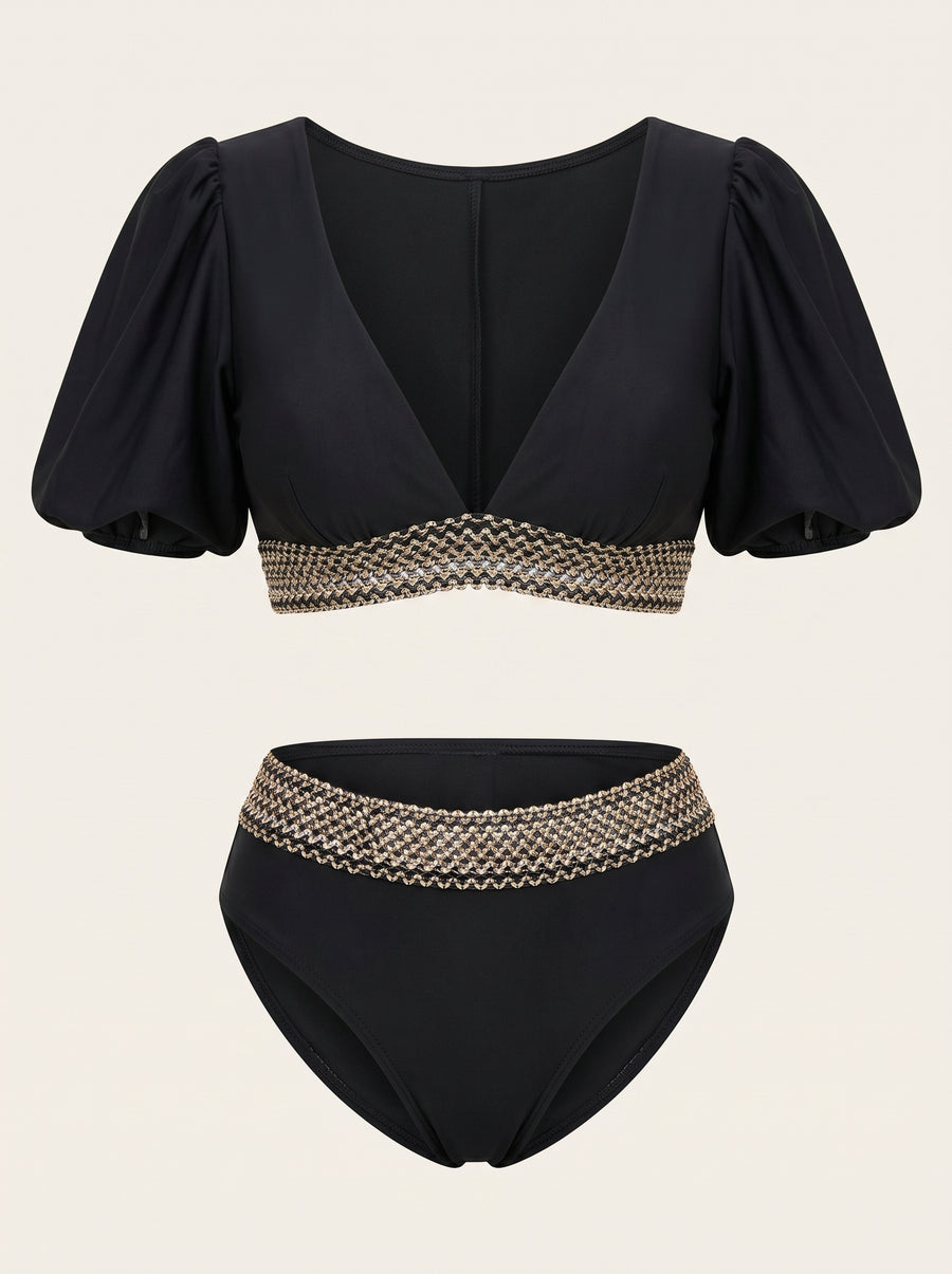 Solid Black Polyester One-Piece Swimsuit with Puff Sleeves-One-Piece Swimsuit-Bellascena-Black-S-bellascena