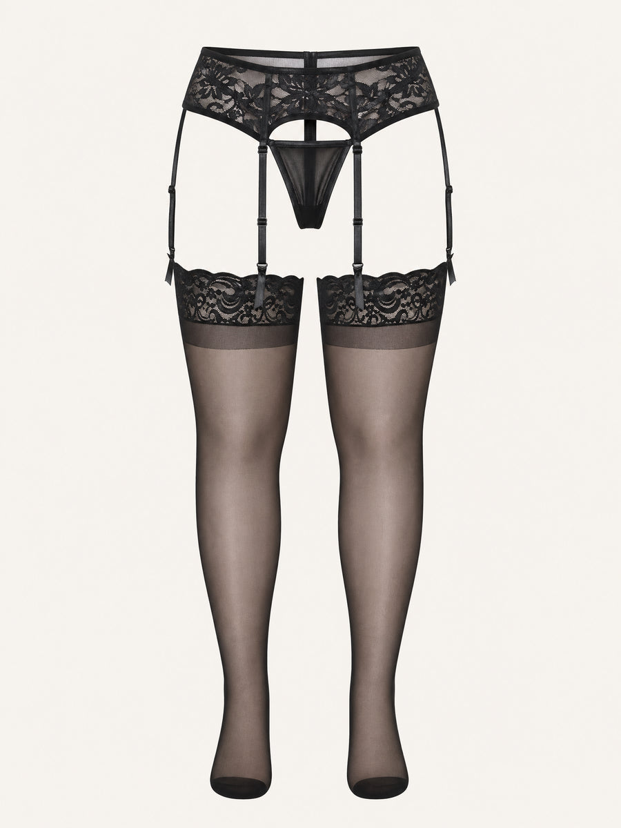Solid Black Sheer Mesh Knee High Stockings with Rhinestones-Tights-Bellascena-Black-One Size-bellascena