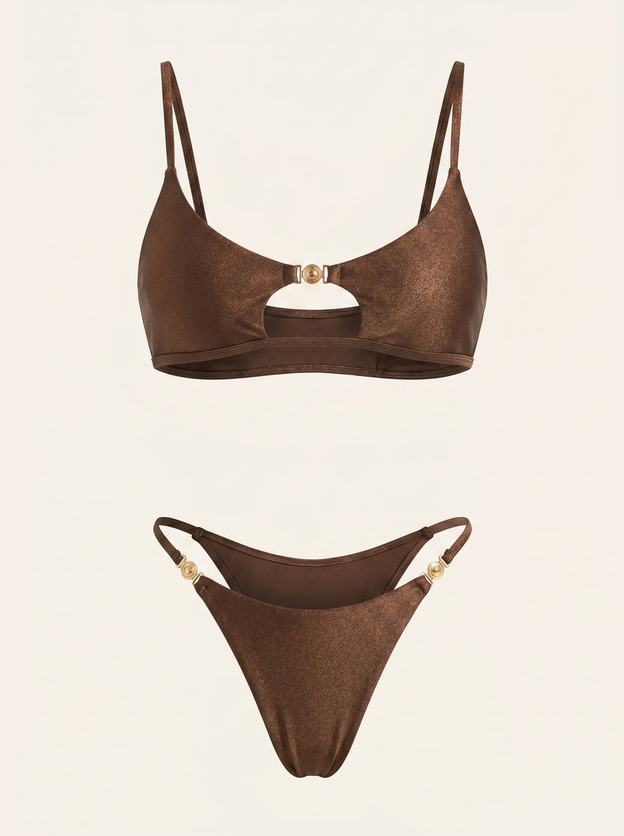 Solid Brown Satin Bralette Set with Gold Accents-Lingerie Set-Bellascena-bellascena