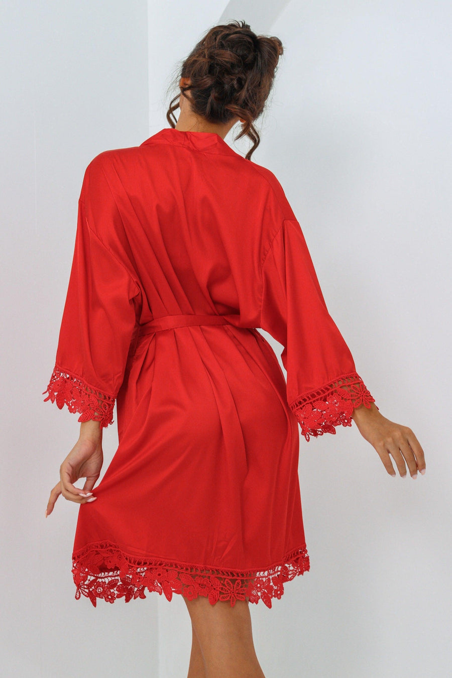 Solid Red Satin Kimono Robe with Lace Trim-Kimono Robe-Bellascena-bellascena