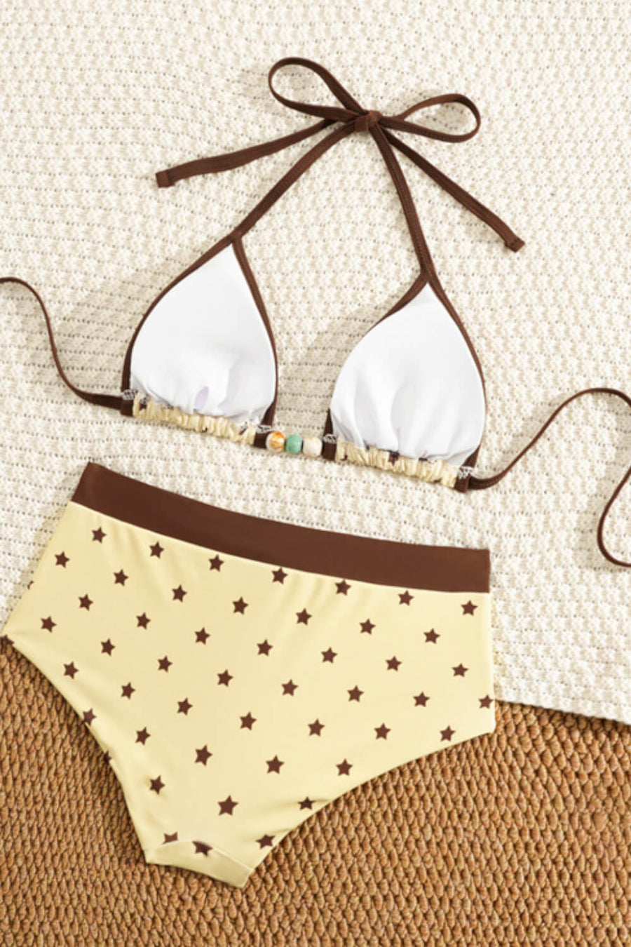Star Print Nylon Bikini Set with Triangle Halter-Bikini Set-Bellascena-bellascena