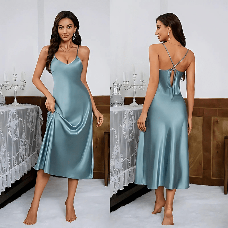 Steel Blue Satin Slipdress with Tie Back Detail-Nightgown-Bellascena-bellascena