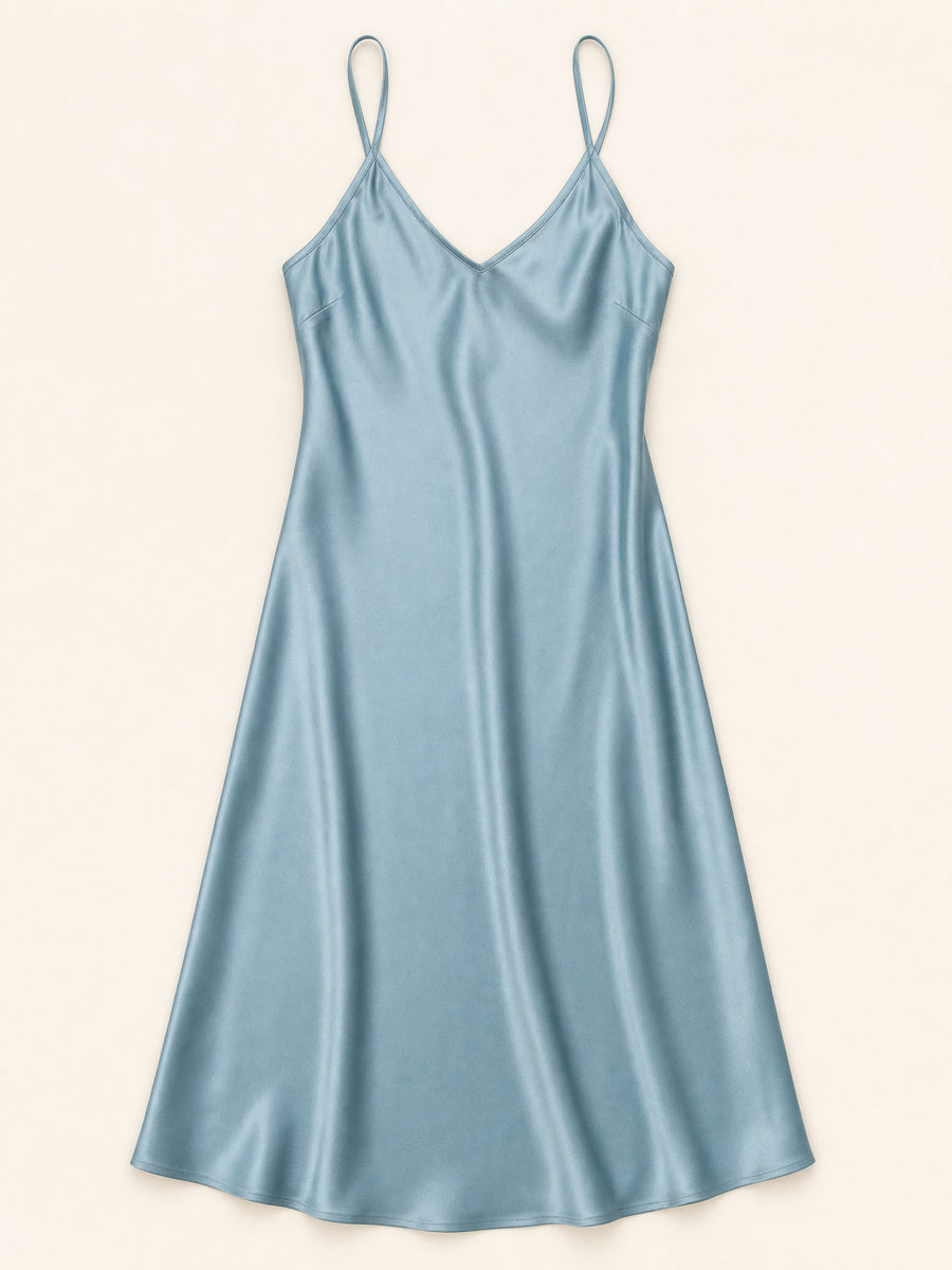 Steel Blue Satin Slipdress with Tie Back Detail-Nightgown-Bellascena-bellascena