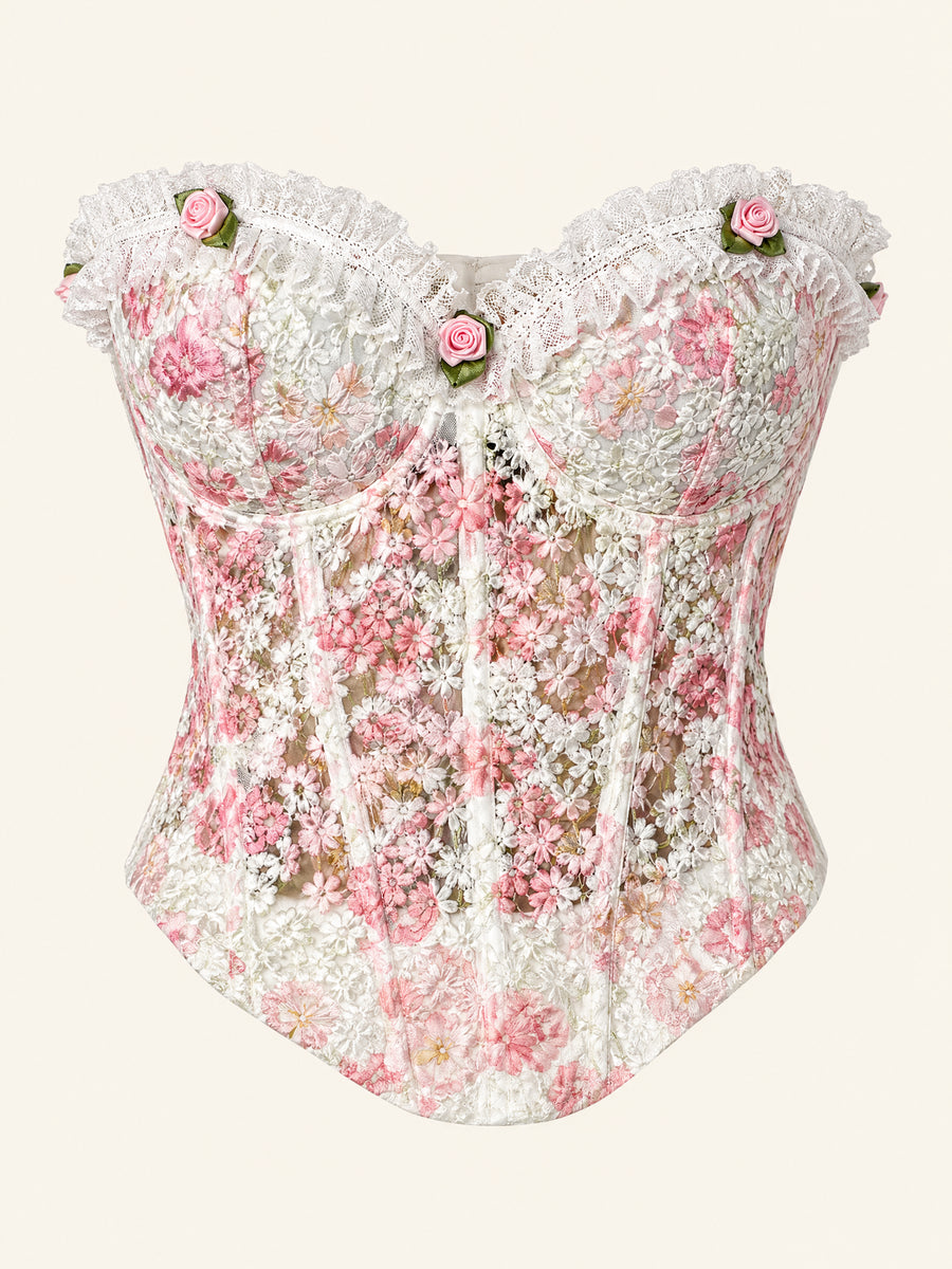 Strapless Floral Pink Lace Top with Ruffled Edges-Corset-Bellascena-bellascena