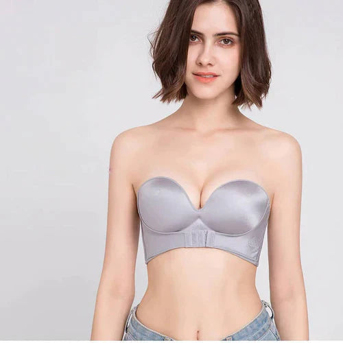 Strapless Seamless Beige & Black Satin Bra with Padded Support-Bra-Bellascena-bellascena