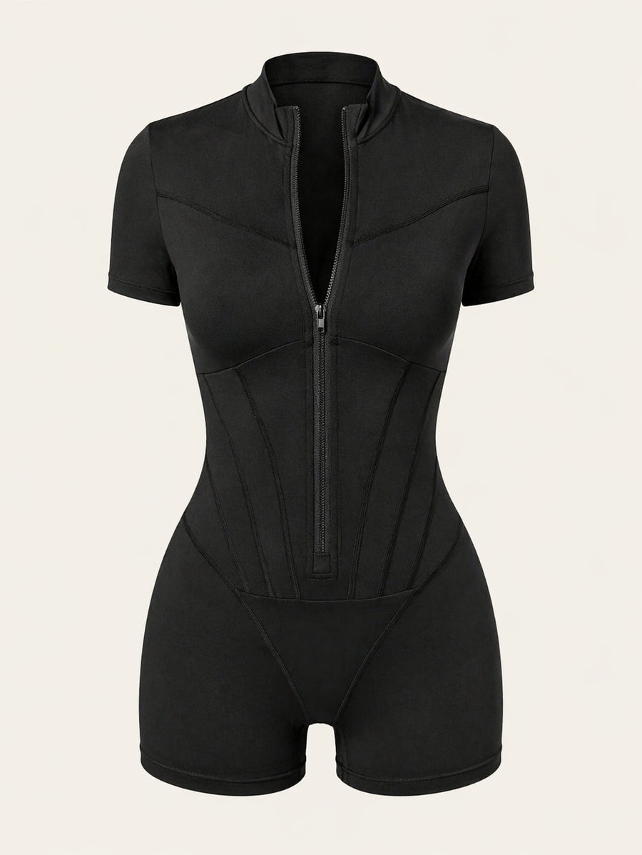 Strappy Black Cotton Bodysuit with Zipper Front-Bodysuit-Bellascena-S-Black Short-bellascena