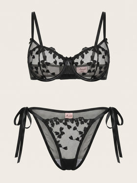 Strappy Black Floral Embroidered Mesh Lingerie Set with Bow Detail-Lingerie Set-Bellascena-Black-S-bellascena